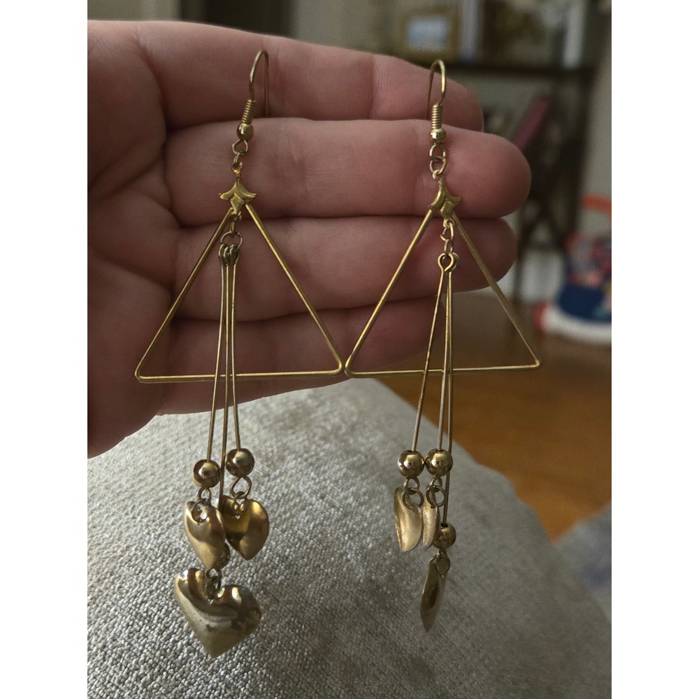 Artisan Geometric Heart Dangle Goldtone Earrings Vintage One Of A Kind
